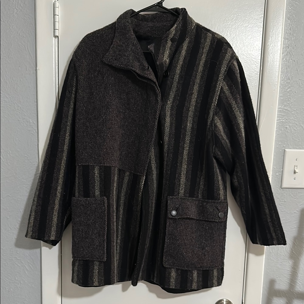 Portrait Beautiful and Unique Asymmetrical Striped Wool Coat with Pockets